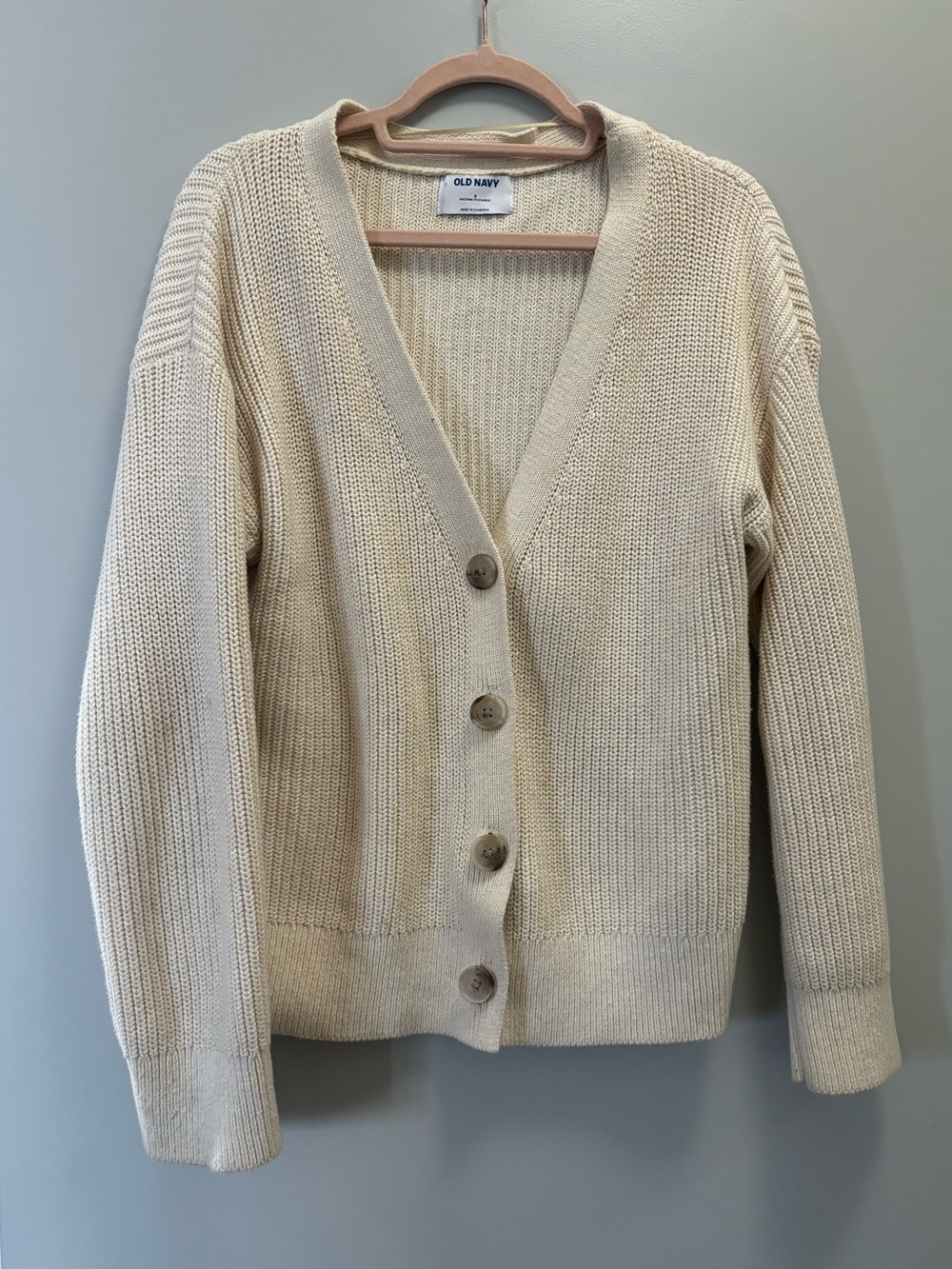 Old Navy 100% Cotton Cream Button-Front V-Neck Knit Cardigan